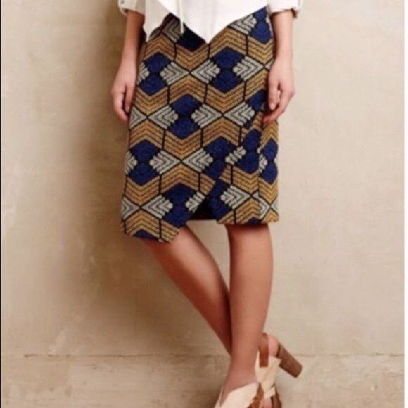 Anthropologie Maeve Kanara Cotton Knit Faux Wrap Geometric Print Pencil Skirt - Picture 2 of 13